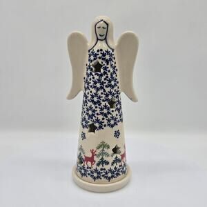 Manufaktura Boleslawiec Polish Pottery Angel Tealight Holder Reindeer Pattern